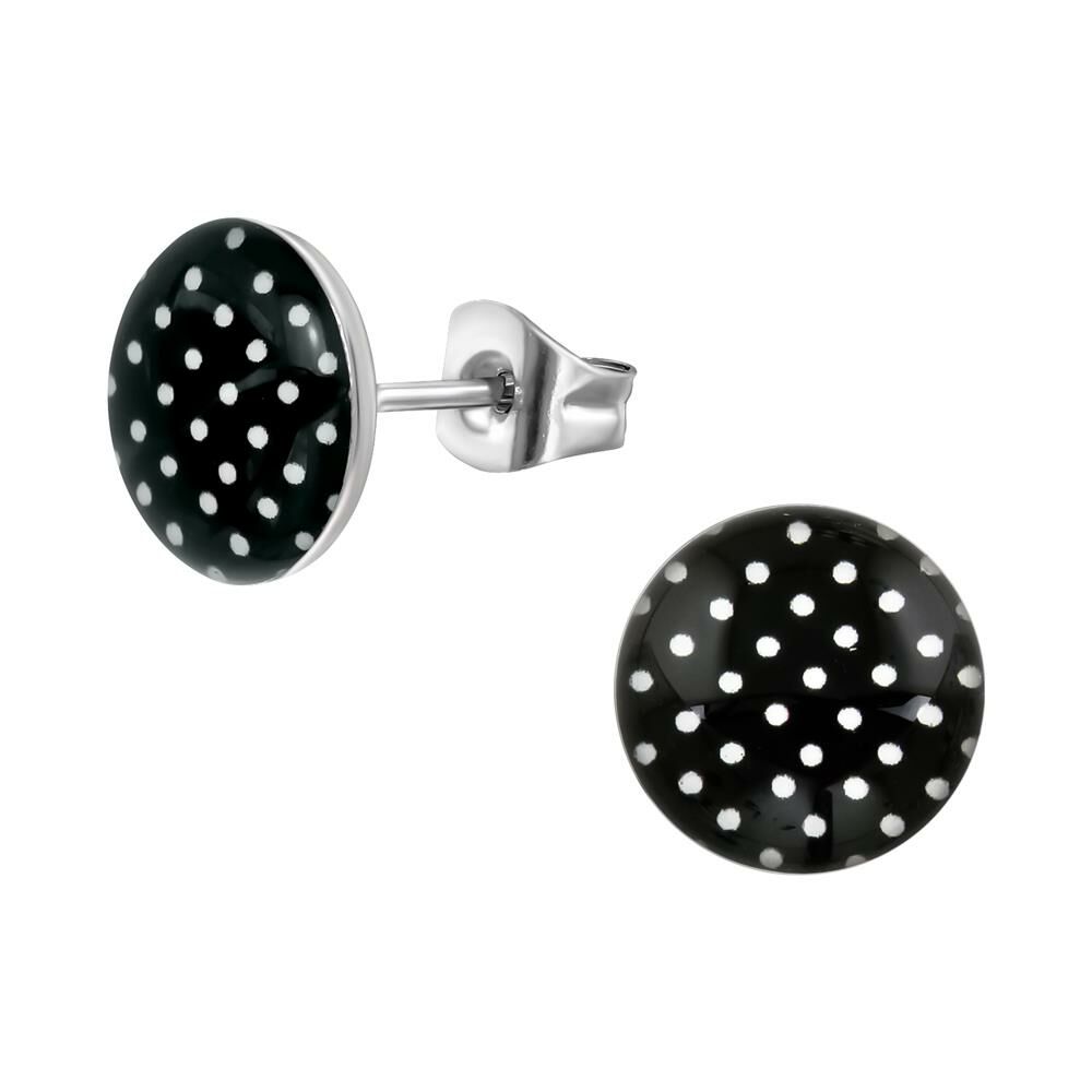 Ohrstecker Rund Schwarz mit weißen Punkten 10mm Rockabilly aus Edelstahl Unisex