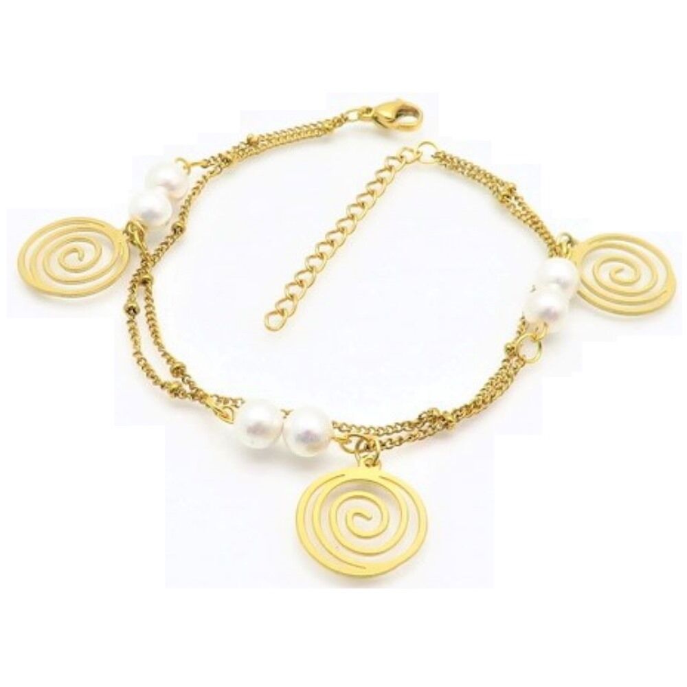 Bettelarmband Spirale und Perlen Gold aus Edelstahl Damen