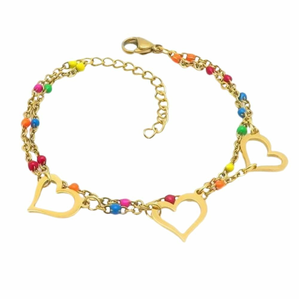 Armband bunte Perlen und Herzen goldfarben aus Edelstahl Damen