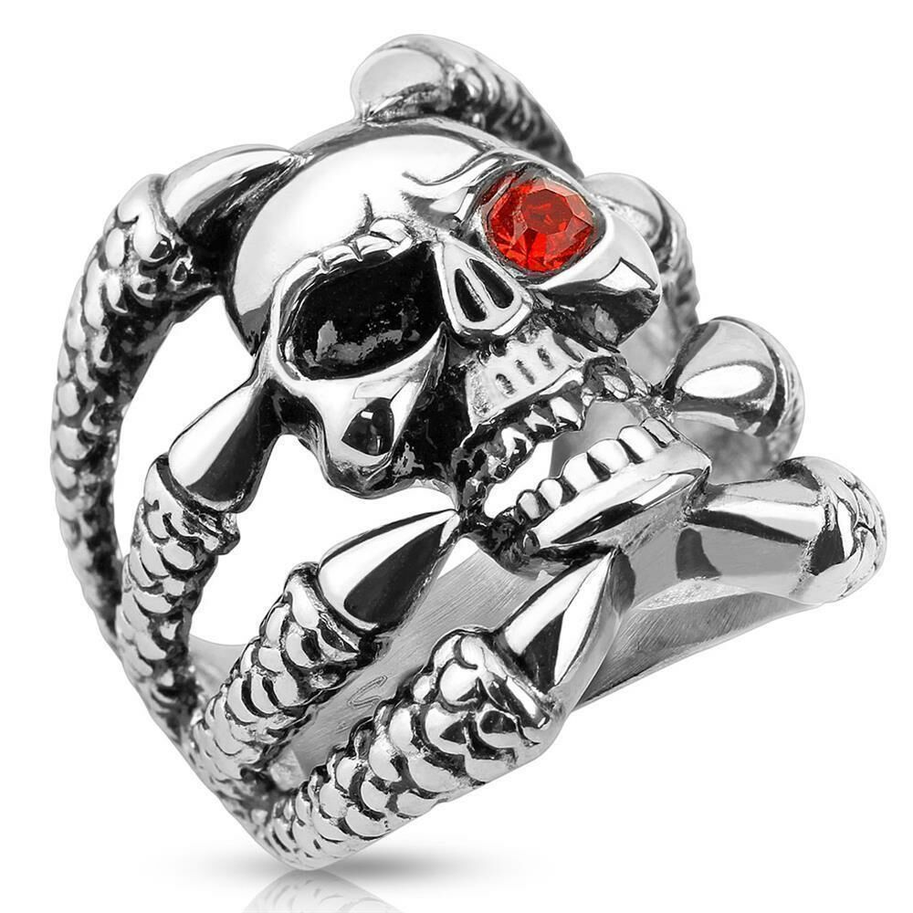 64 (20.4) Bungsa© RING TOTENKOPF silber Herren - TOTENSCHÄDEL mit Klauen Fingerring für Männer - aus Edelstahl-SCHMUCK Ring für Biker & echte Kerle - SKULL Siegelring extra groß, massiv & breit