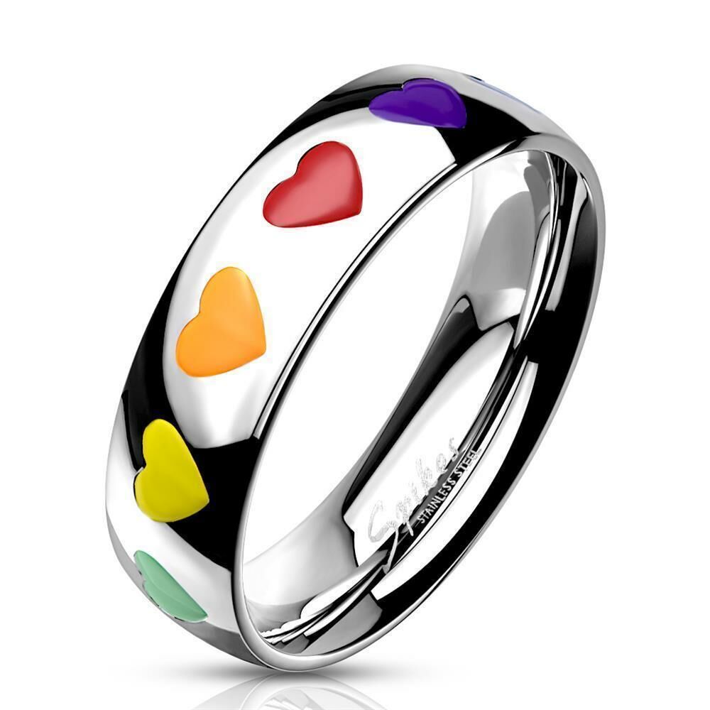 52 (16.6) Bungsa© REGENBOGEN Herz Ring Damen - silberner aus EdelstahlRING für Frauen mit bunten Herzen - DAMENRING mit grünem, gelbem, orangem, rotem & violettem Herz - RAINBOW LGBT Gay Pride