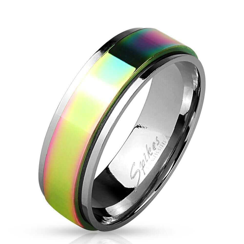 52 (16.6) Bungsa© SPINNER-RING aus Edelstahl Regenbogen - aus EdelstahlRING silber mit buntem, drehbarem Mittelring - SCHMUCKRING für Damen & Herren / Frau & Mann - dezenter LGBT Gay Pride Rainbow Ring