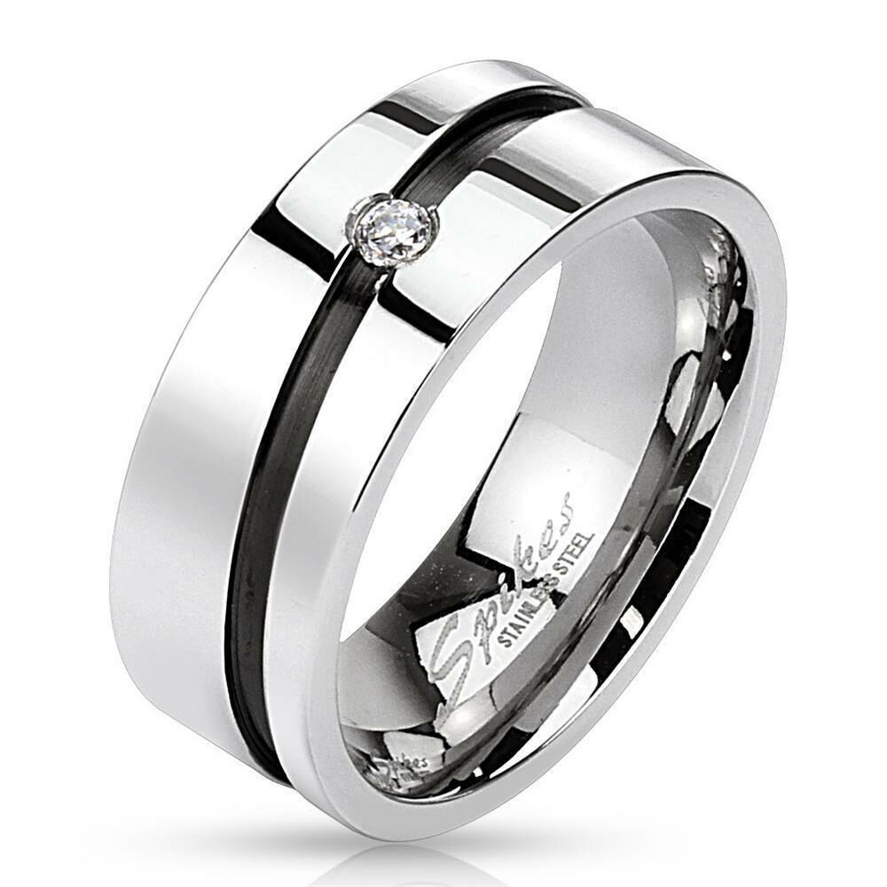 54 (17.2) aus Edelstahl Kristall Ring mit diagonal schwarzem Mittelring silber hochglanzpoliert Damen Herren Partnerringe (Ring Damen Fingerring Partnerringe Verlobungsringe Trauringe Damenring)