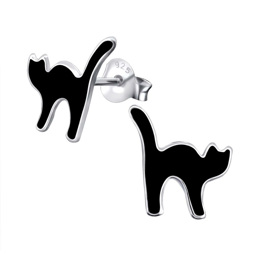 Ohrstecker schwarze Katze aus .925 Sterling Silber