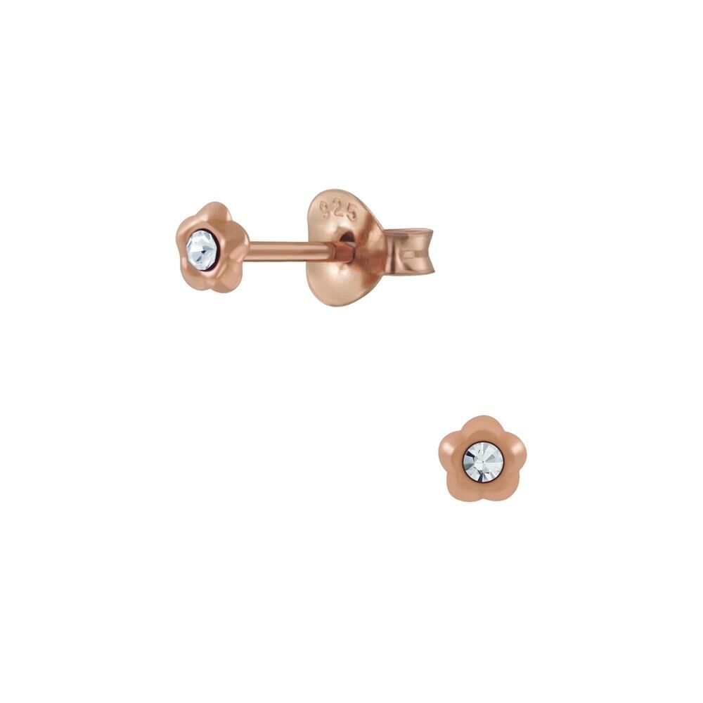 Ohrstecker Blümchen mit rundem Kristall 3mm Rosegold aus 925 Silber Damen