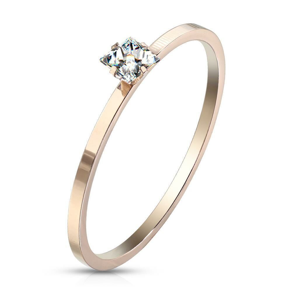 Ring Solitär-Optik mit eckigem Kristall rosegold aus Edelstahl Damen