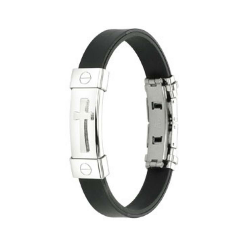 Armband mit silbernem Kreuz Schwarz aus Edelstahl Unisex