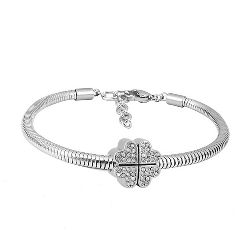 Armband Schlangenkette mit Kleeblatt-Anhänger Kristall Silber aus Edelstahl Damen