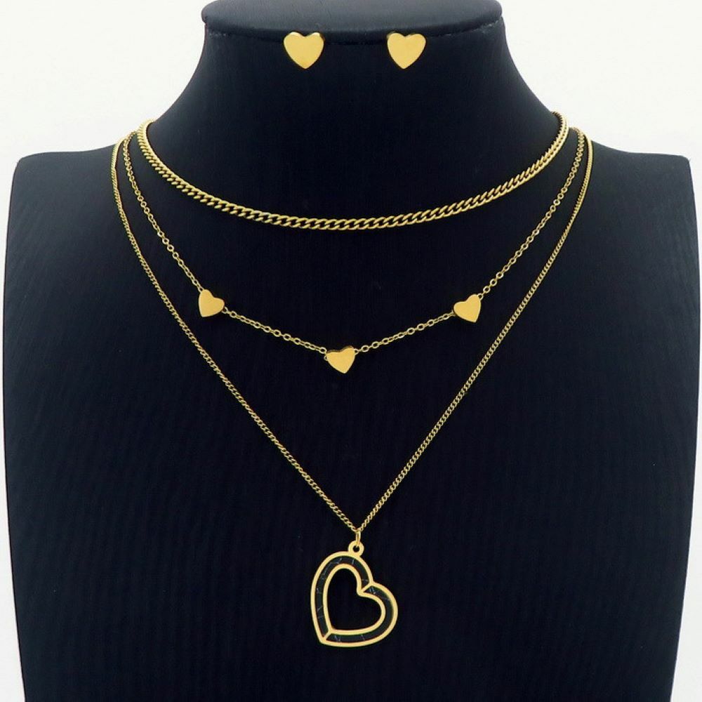 Schmuckset mit Layer-Kette und Herz-Ohrsteckern gold aus Edelstahl Damen