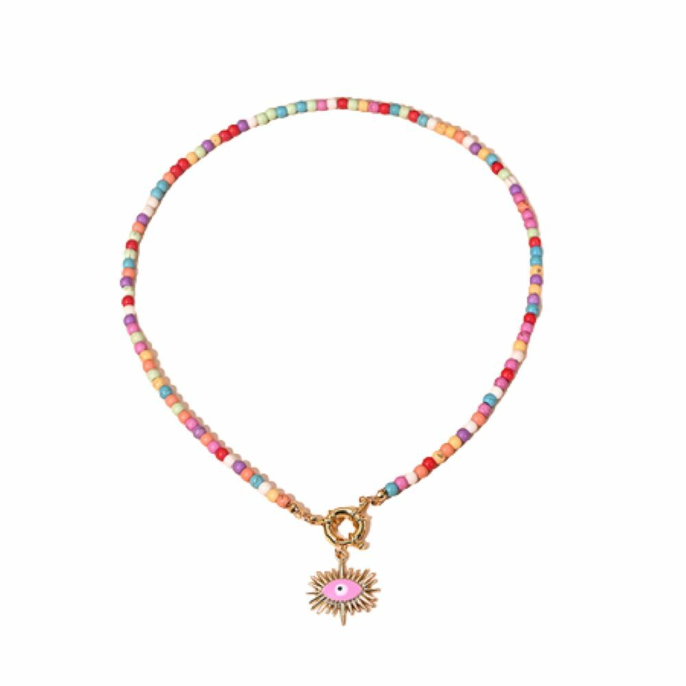 Perlenkette Choker pastell/goldfarben + pinkes Evil Eye Messing Damen