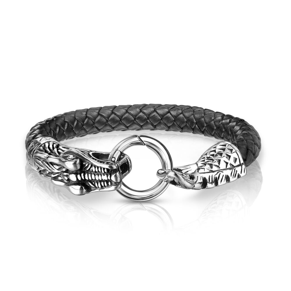 Armband Drachen Silber/Schwarz aus Edelstahl/Leder Unisex