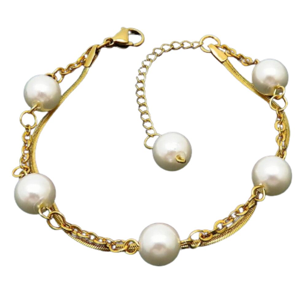 Armband Perlen und Schlangenkette gold aus Edelstahl Damen