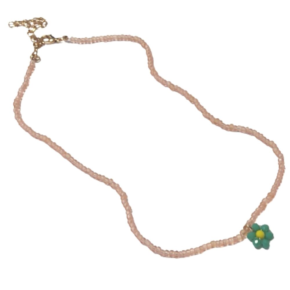 Kette Choker Perlen rosé mit grüner Blüte aus Kunststoff Damen