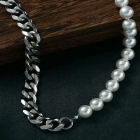 Mixkette Perlen und Ketten-Glieder silber aus Edelstahl Unisex