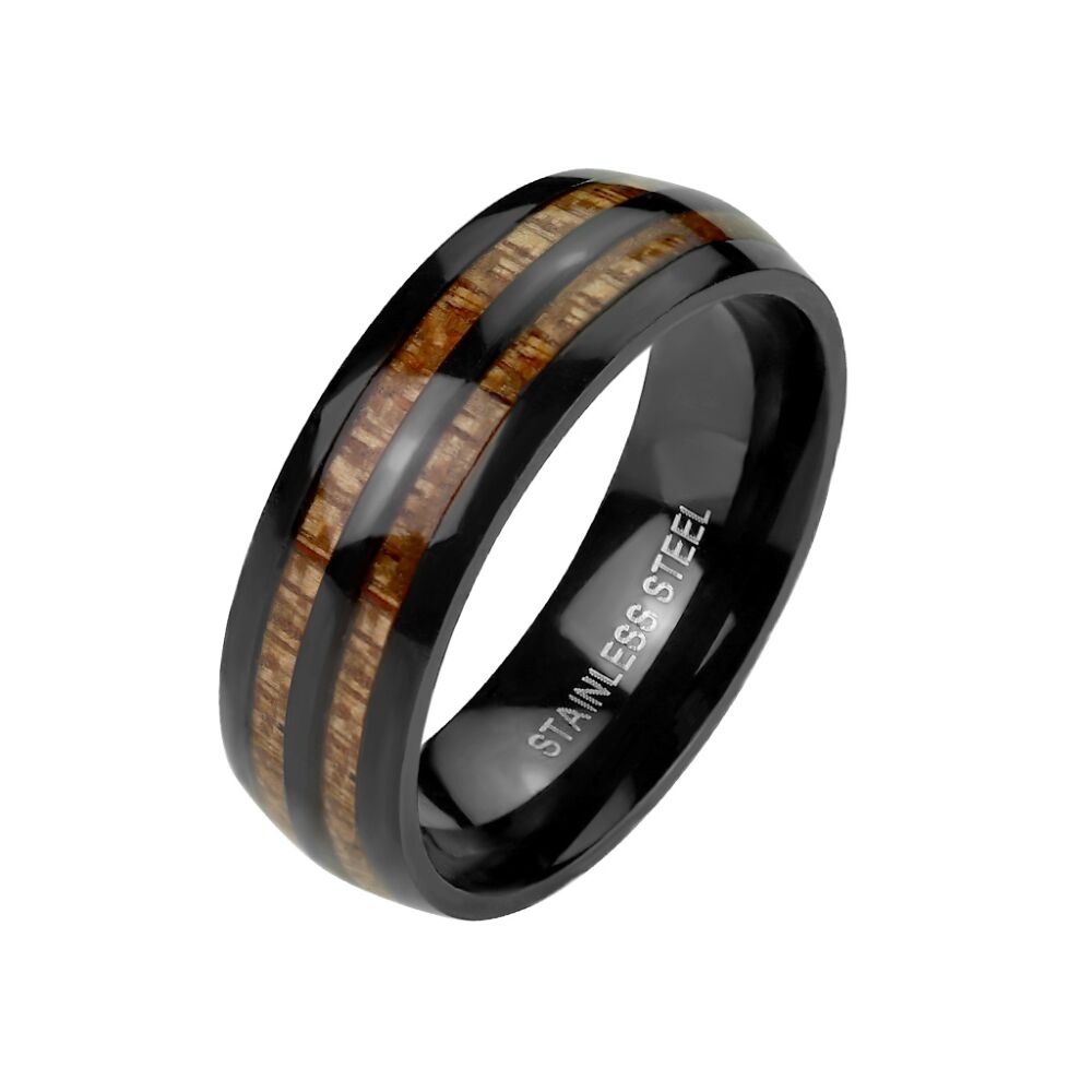 Ring doppeltes Holz-Inlay schwarz aus Edelstahl Unisex