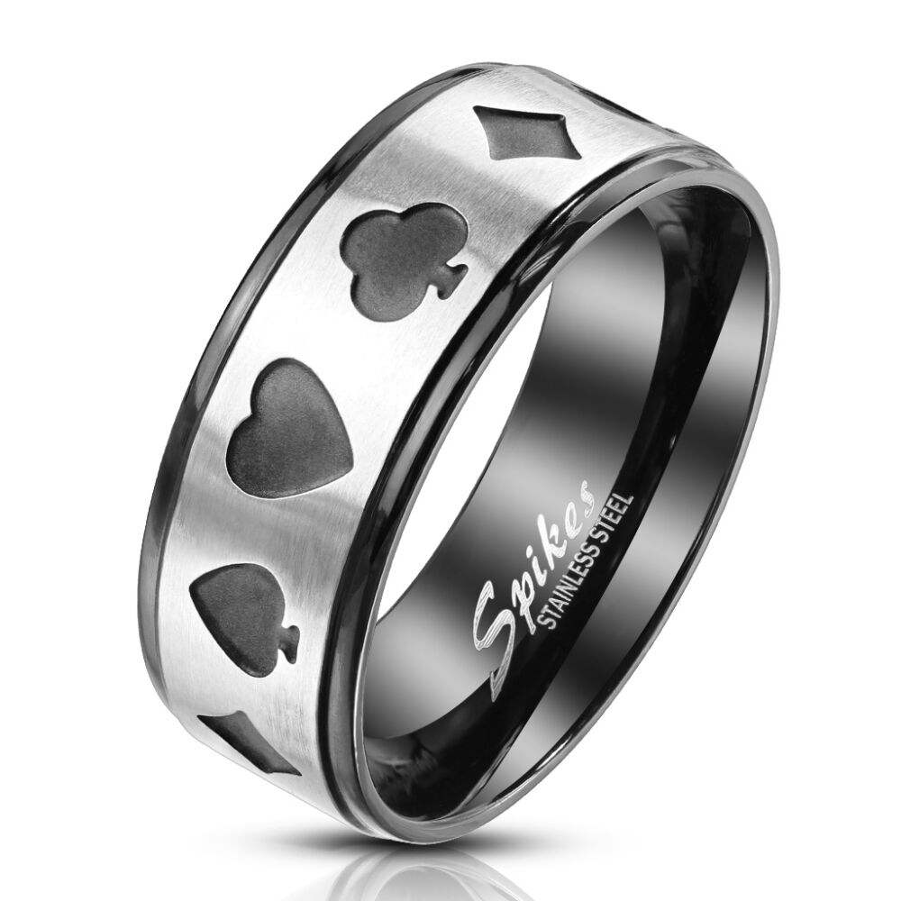 67 (21.3) Ring Poker Karten Silber/Schwarz aus Edelstahl Unisex