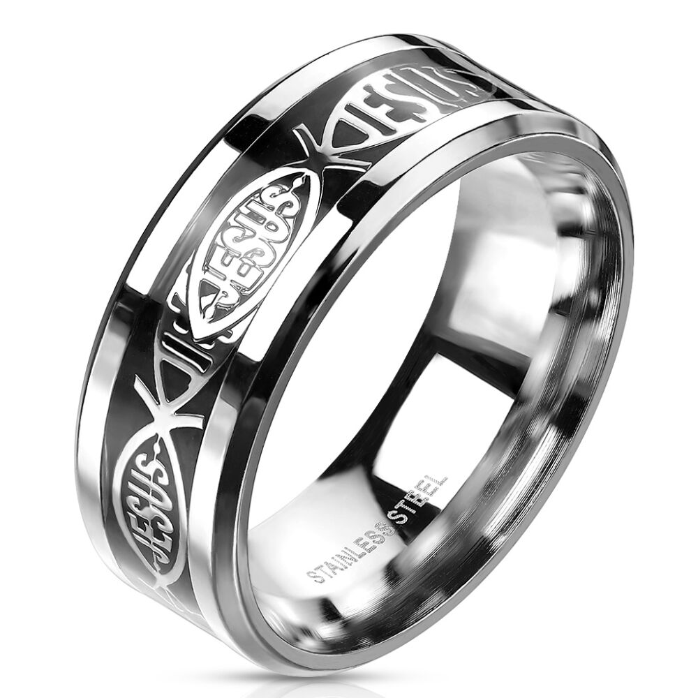 Ring Jesus Fisch schwarz/silber aus Edelstahl Unisex