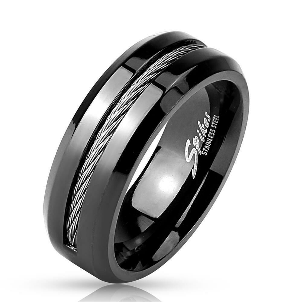 Ring mit Kabel Mittelring Schwarz aus Edelstahl Herren