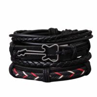 Armband 4teilig schwarz mit Gitarre aus Leder Unisex