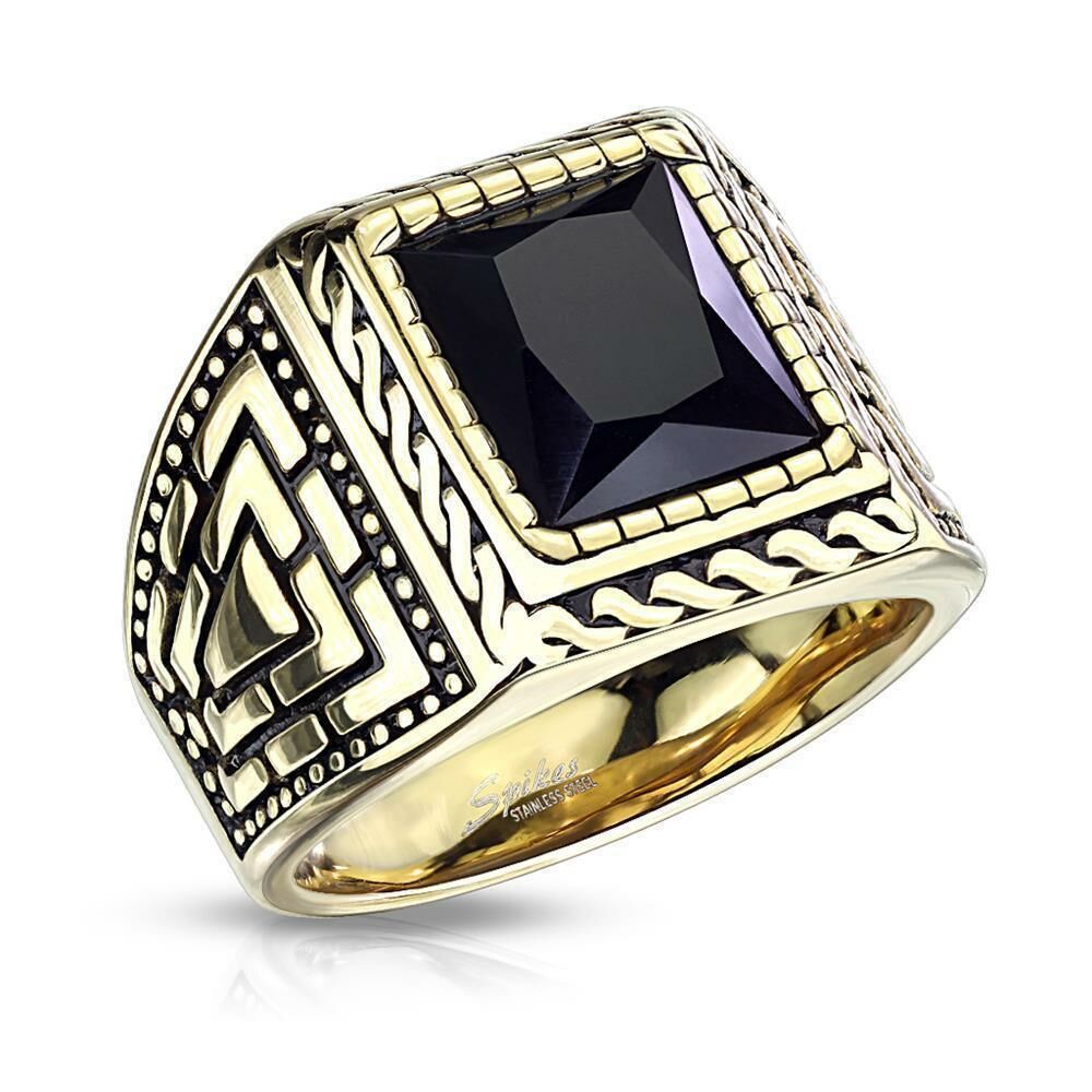 62 (19.7) Siegelring klassisch gold mit schwarzem Onyx Stein aus Edelstahl Unisex